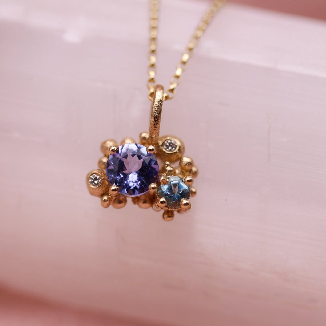 Tanzanite, Aquamarine & Diamond Granulated Pendant